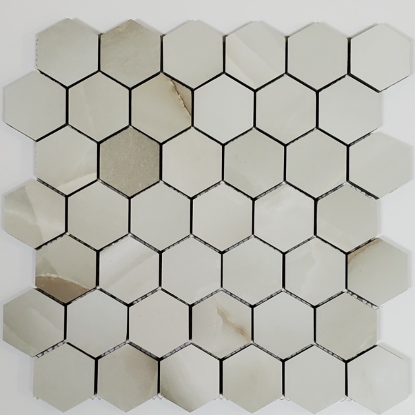 12x12 Onice Bianco 2 inch hexagon extra glossy porcelain.