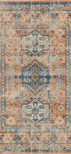 Antique look area rug in Terracotta Rust & Blue