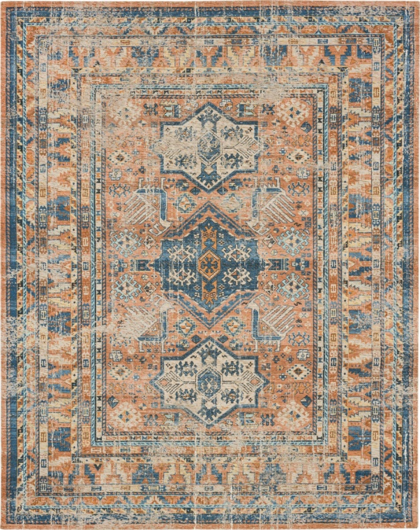 Antique look area rug in Terracotta Rust & Blue