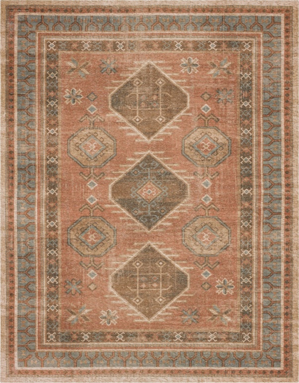 Traditional area rug with distressed accents in rich color palette combination