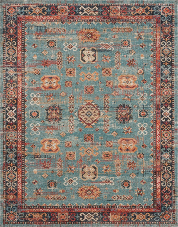 Traditional area rug in decorative aquamarine and red